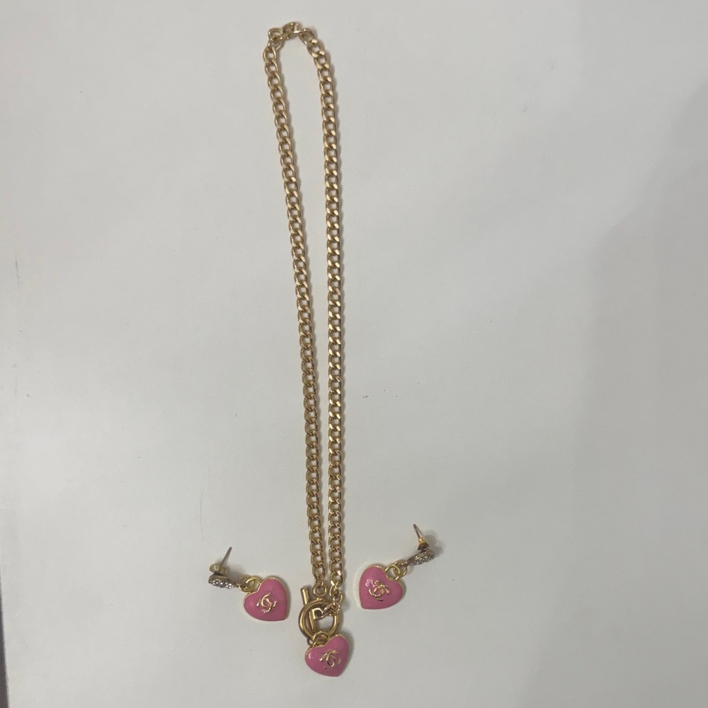 Gold Chain Necklace and Heart Earrings Set with Pink . fashion CC